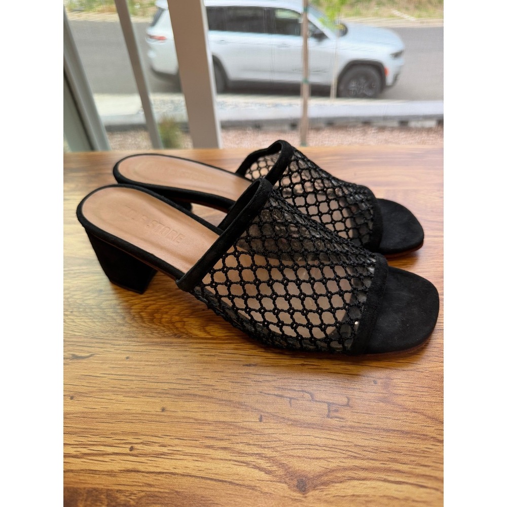 No.6 Store Black Oma Suede Fishnet Mesh Block Heel Mules Sandals Size 9